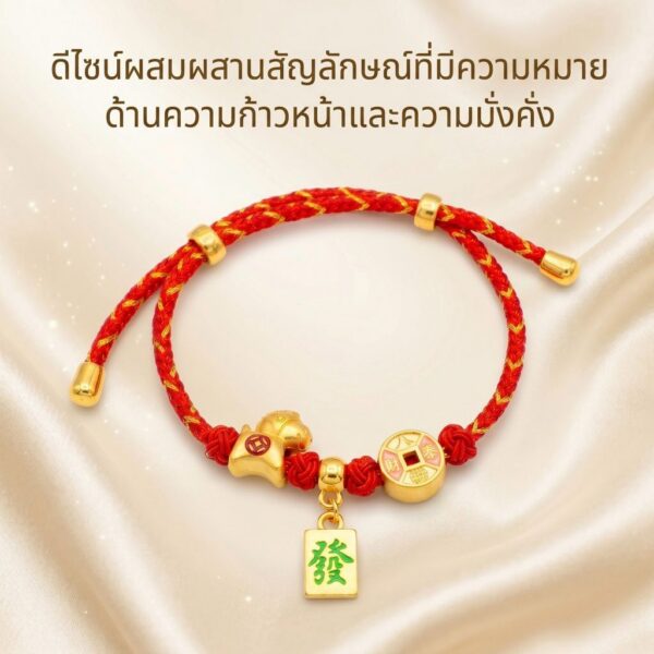 สร้อยข้อมือเชือกแดง ด้ายแดงมงคล จี้ม้าทอง + เหรียญจีนจี้ 發 เสริมโชคลาภ การเงิน ความสำเร็จ ร่ำรวย ปรับขนาดได้ สายมู