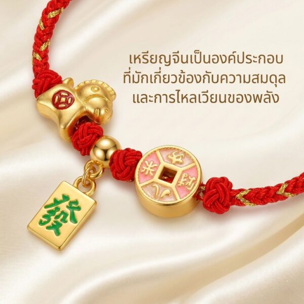 สร้อยข้อมือเชือกแดง ด้ายแดงมงคล จี้ม้าทอง + เหรียญจีนจี้ 發 เสริมโชคลาภ การเงิน ความสำเร็จ ร่ำรวย ปรับขนาดได้ สายมู