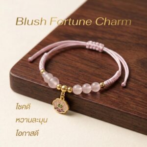 สร้อยข้อมือเชือกชมพู ด้ายสีชมพูมงคล + ก้อนเมฆมงคล "จี้ซวงสี่" ปรับขนาดได้ เสริมความรัก และเสริมความโชคดี
