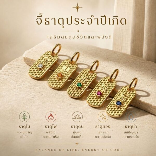 จี้ชาร์มทอง ธาตุทั้ง 5 พลอยประจำธาตุ ทอง ดิน น้ำ ไม้ ไฟ เสริมดวง ฮวงจุ้ย Mooniverse