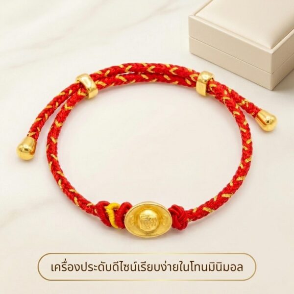 สร้อยข้อมือเชือกแดง ด้ายแดงมงคล + จี้ทองก้อนลายจีน เสริมโชคลาภ มั่งคั่ง การเงิน เรียบหรู สีทอง ปรับขนาดได้ สายมู