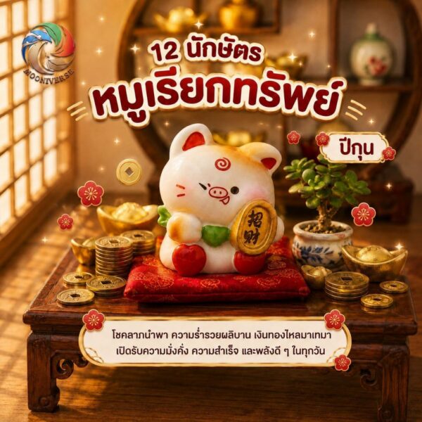 ฟิกเกอร์ หมูเรียกทรัพย์ ถือเหรียญทอง ร่ำรวย นักษัตร ปีกุน ตกแต่งโต๊ะ  Art toy ของเล่น Mooniverse