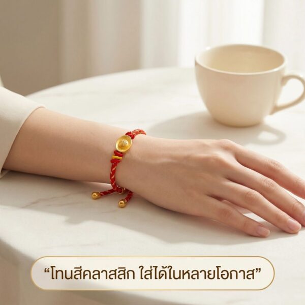 สร้อยข้อมือเชือกแดง ด้ายแดงมงคล + จี้ทองก้อนลายจีน เสริมโชคลาภ มั่งคั่ง การเงิน เรียบหรู สีทอง ปรับขนาดได้ สายมู