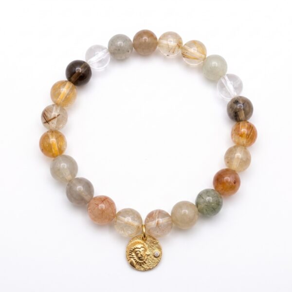 กำไลหินมงคล รูไทล์ควอตซ์ (Rutilated Quartz) เสริมการเงิน จี้นักษัตรชุบทอง เงินแท้ S925 รุ่น Glow
