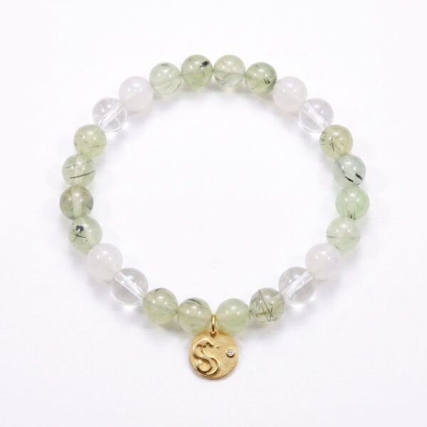 8 กำไลหินมงคล พรีไนต์ (Prehnite) เสริมสมดุล ฟื้นฟูจิตใจ จี้นักษัตรชุบทอง เงินแท้ S925 รุ่น Glow