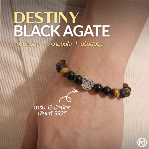 กำไลหินมงคล แบล็กอาเกต Black Agate ปกป้องคุ้มครอง เสริมความมั่นใจ ชาร์มนักษัตร เงินแท้ S999 Destiny